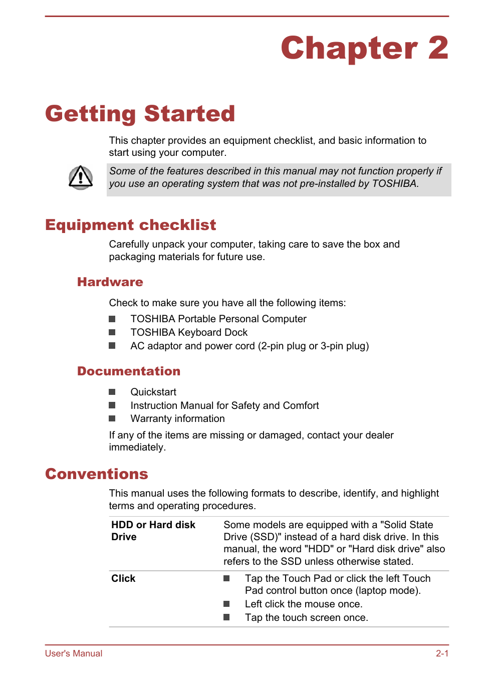 Chapter 2 getting started, Equipment checklist, Hardware | Documentation, Conventions, Chapter 2, Getting started, Equipment checklist -1 conventions -1 | Toshiba Satellite W30T-A User Manual | Page 18 / 114