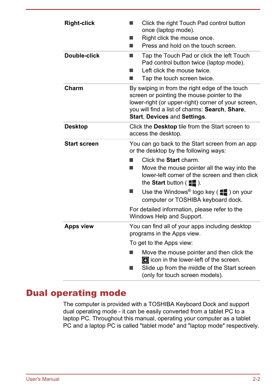 Dual operating mode, Dual operating mode -2 | Toshiba Satellite W30T-A User Manual | Page 19 / 114