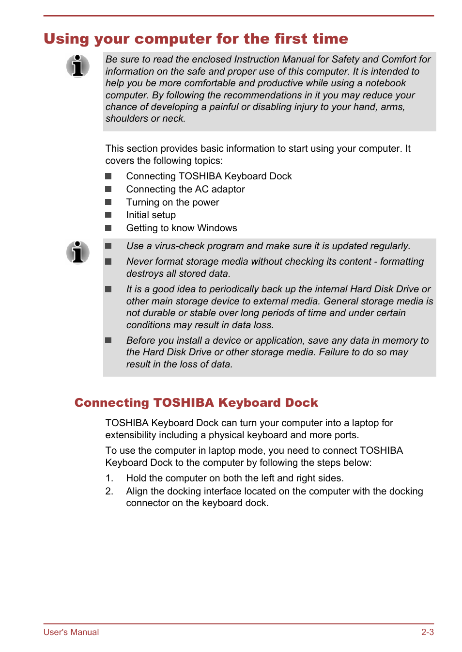 Using your computer for the first time, Connecting toshiba keyboard dock, Using your computer for the first time -3 | Toshiba Satellite W30T-A User Manual | Page 20 / 114