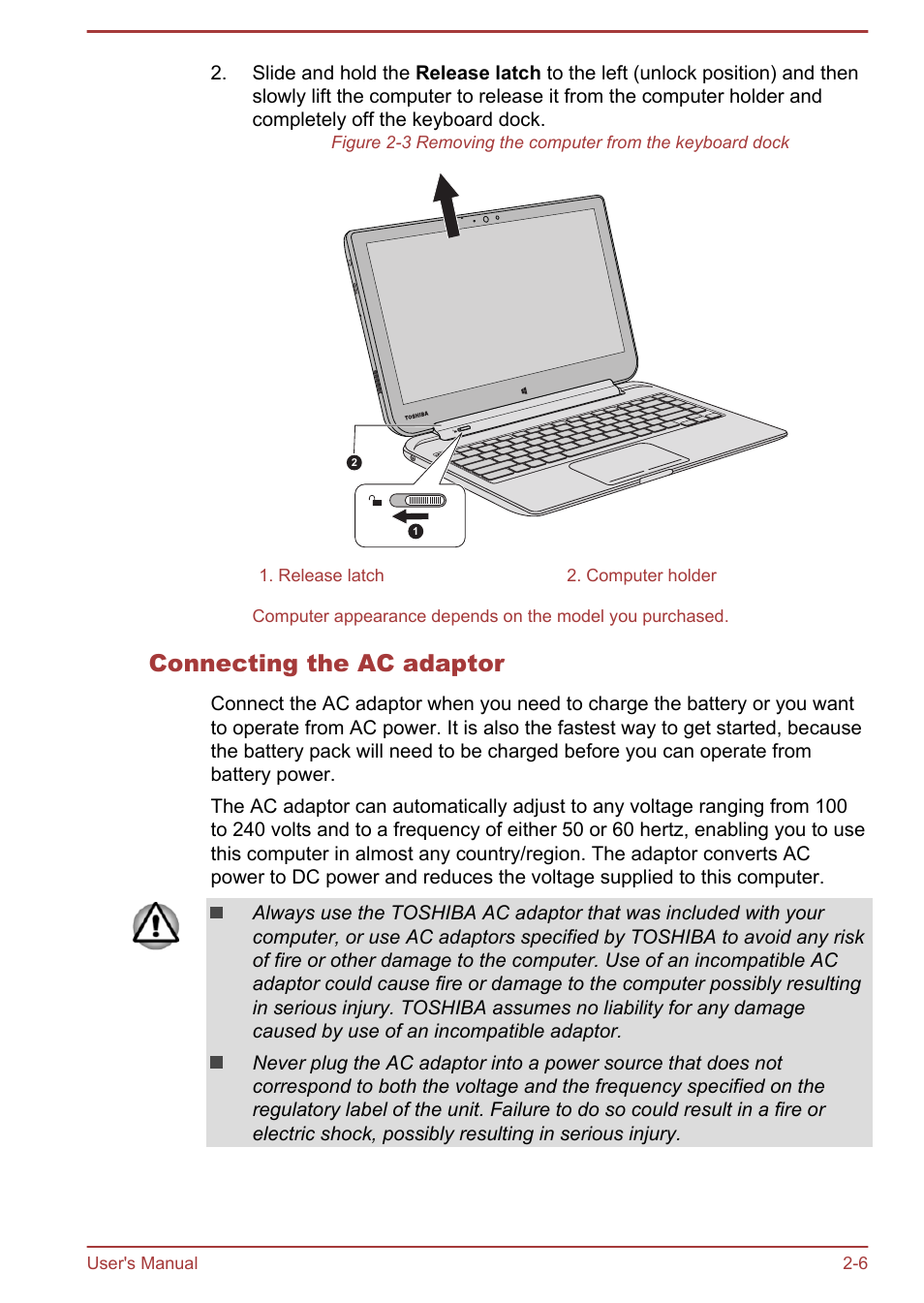 Connecting the ac adaptor | Toshiba Satellite W30T-A User Manual | Page 23 / 114