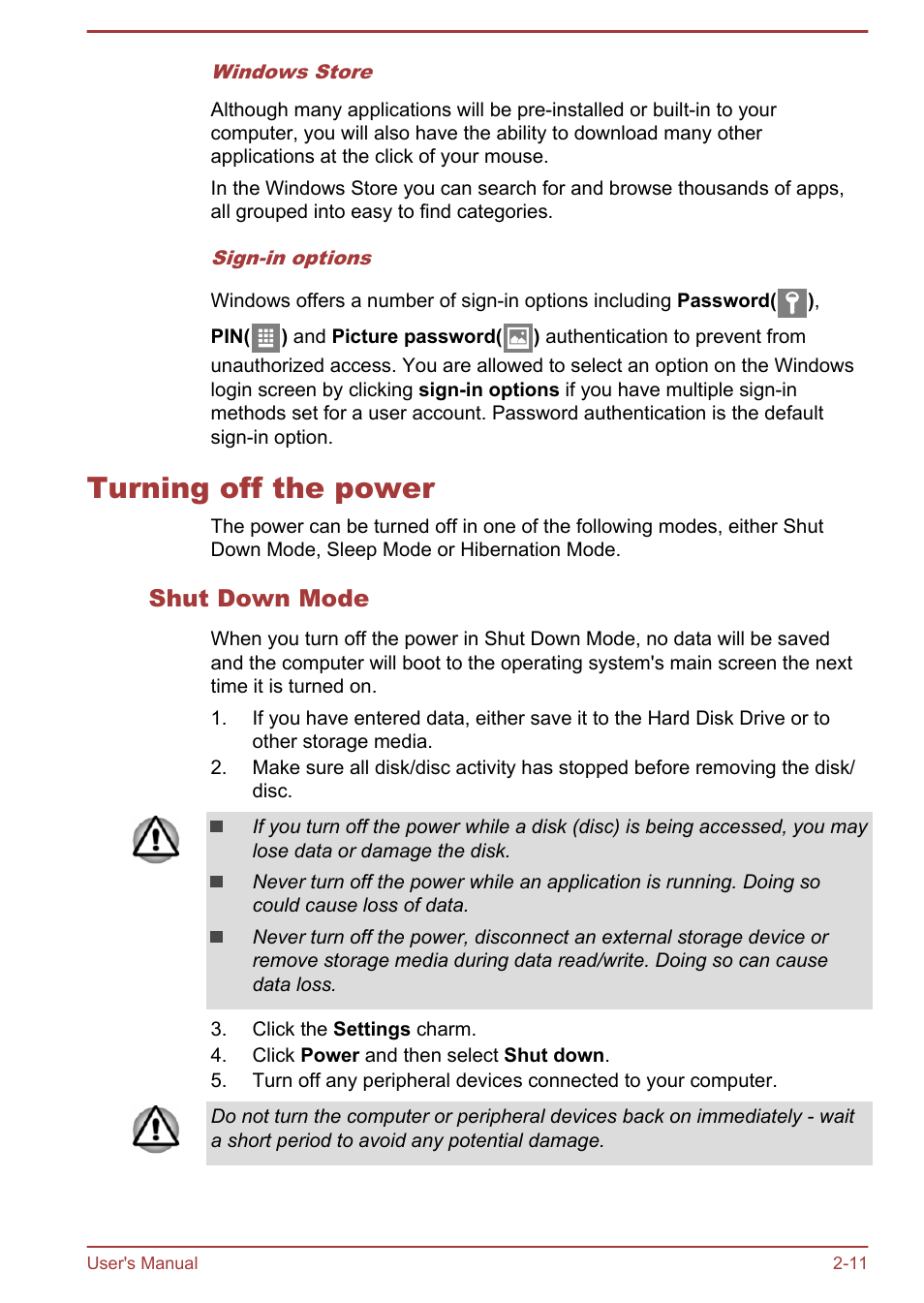 Turning off the power, Shut down mode, Turning off the power -11 | Toshiba Satellite W30T-A User Manual | Page 28 / 114