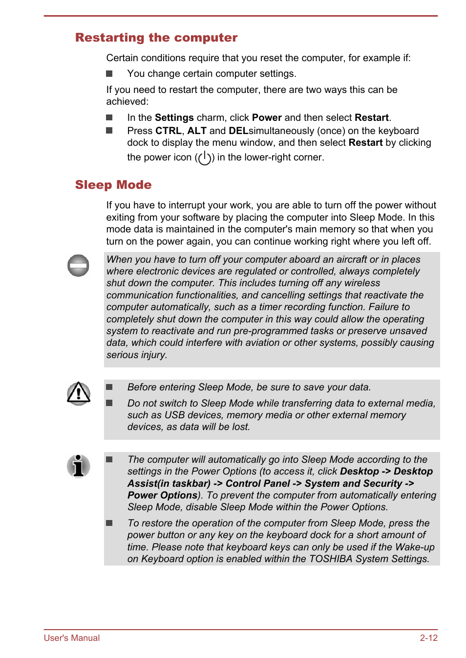 Restarting the computer, Sleep mode | Toshiba Satellite W30T-A User Manual | Page 29 / 114