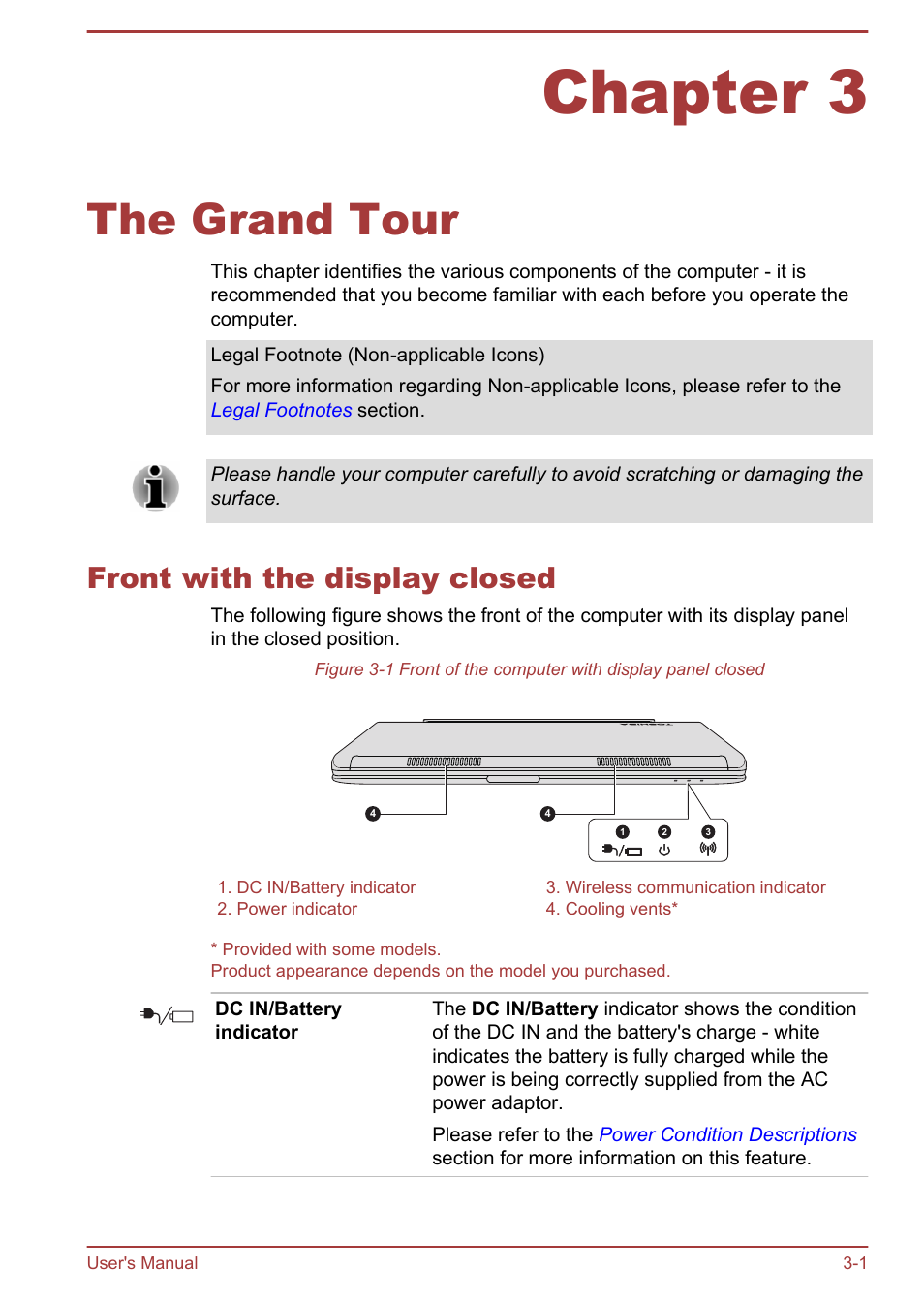 Chapter 3 the grand tour, Front with the display closed, Chapter 3 | The grand tour, Front with the display closed -1 | Toshiba Satellite W30T-A User Manual | Page 33 / 114