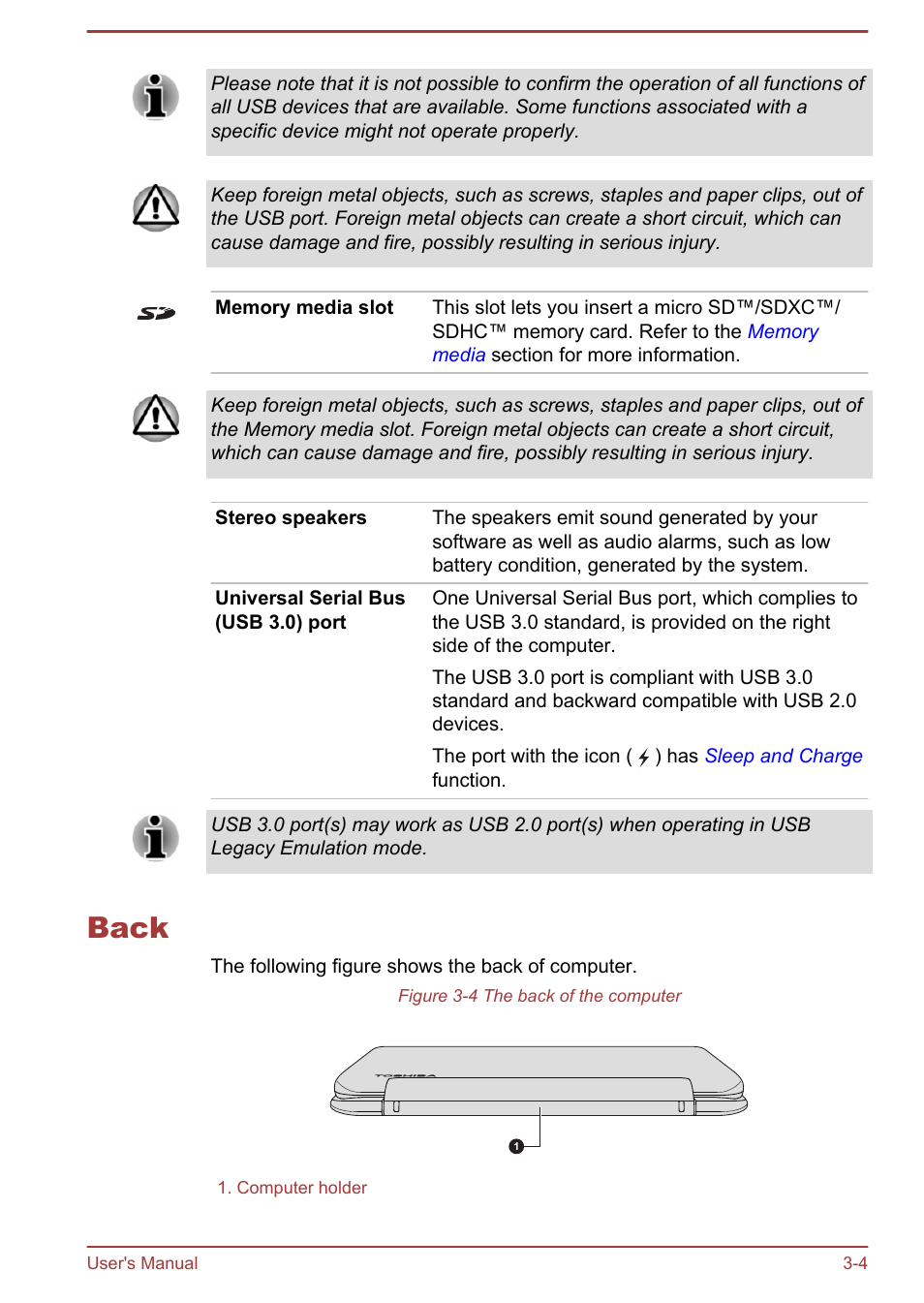 Back, Back -4 | Toshiba Satellite W30T-A User Manual | Page 36 / 114