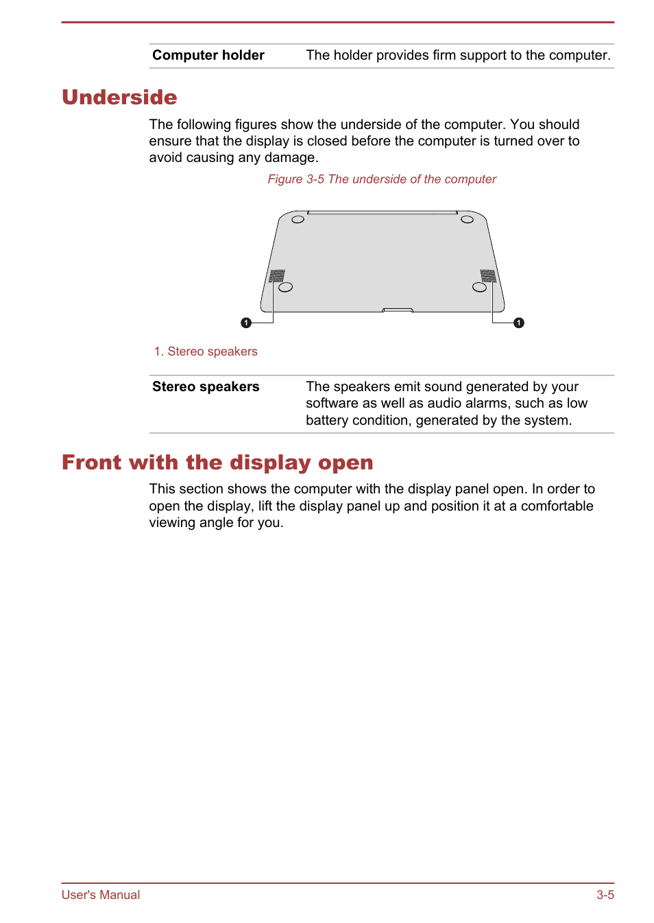 Underside, Front with the display open, Underside -5 front with the display open -5 | Toshiba Satellite W30T-A User Manual | Page 37 / 114