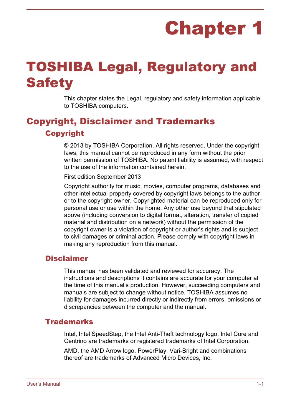 Chapter 1 toshiba legal, regulatory and safety, Copyright, disclaimer and trademarks, Copyright | Disclaimer, Trademarks, Chapter 1, Toshiba legal, regulatory and safety, Copyright, disclaimer and trademarks -1 | Toshiba Satellite W30T-A User Manual | Page 4 / 114