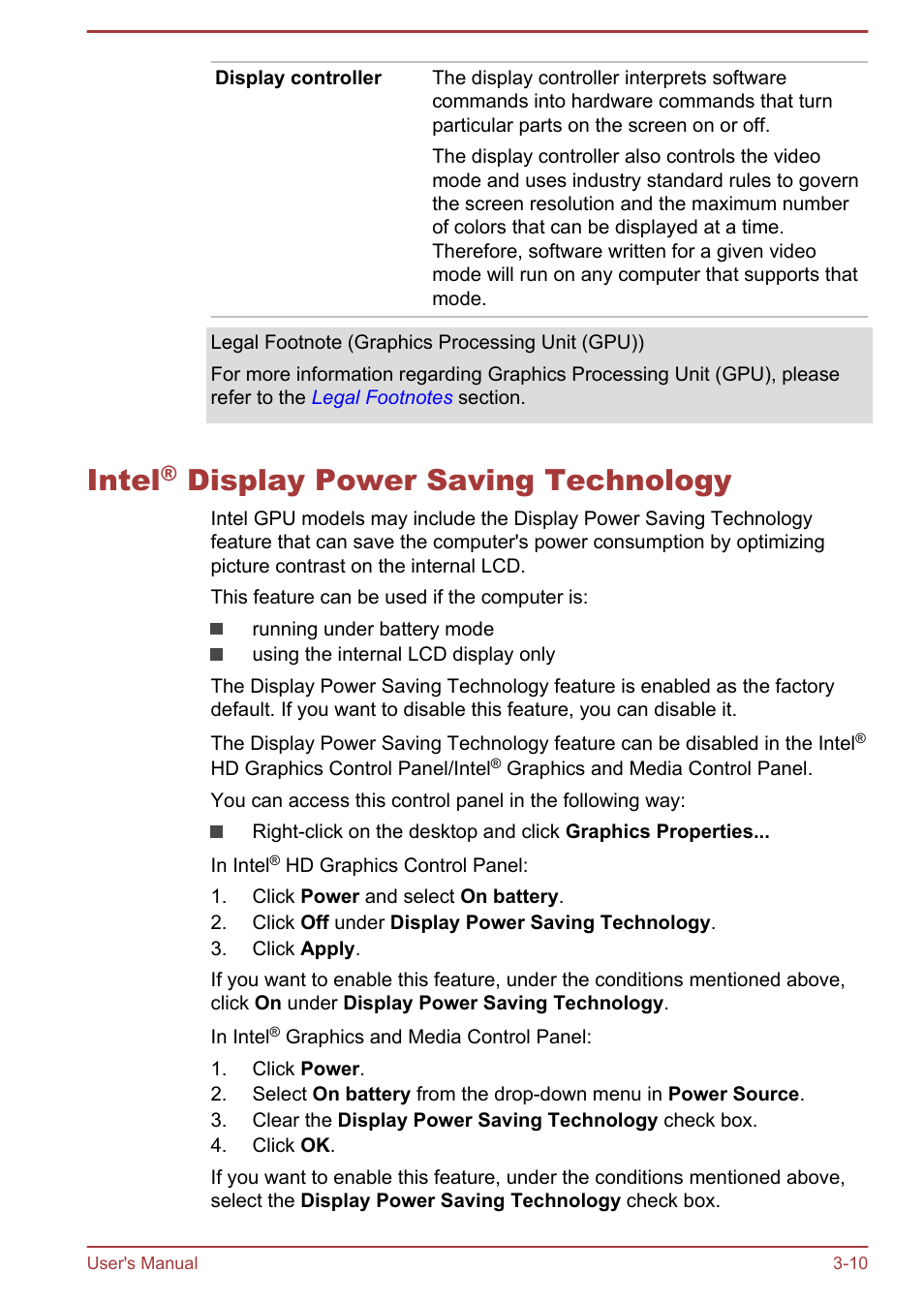 Intel® display power saving technology, Intel® display power saving technology -10, Intel | Display power saving technology | Toshiba Satellite W30T-A User Manual | Page 42 / 114