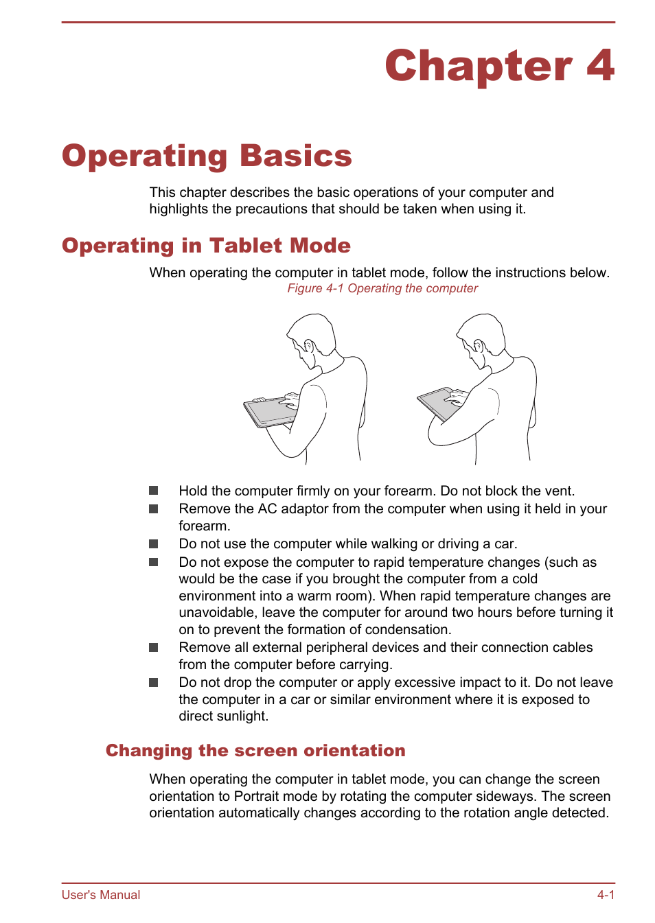 Chapter 4 operating basics, Operating in tablet mode, Changing the screen orientation | Chapter 4, Operating basics, Operating in tablet mode -1 | Toshiba Satellite W30T-A User Manual | Page 45 / 114