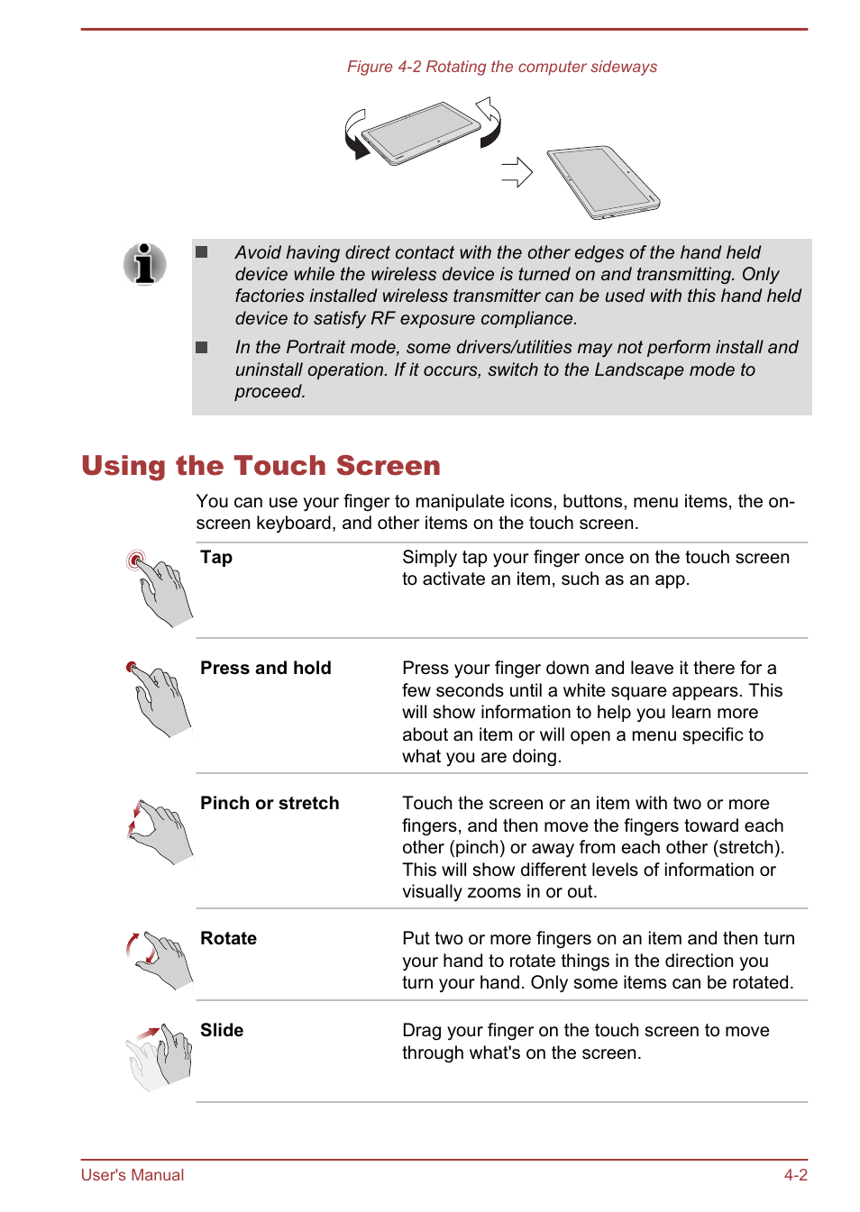 Using the touch screen, Using the touch screen -2 | Toshiba Satellite W30T-A User Manual | Page 46 / 114