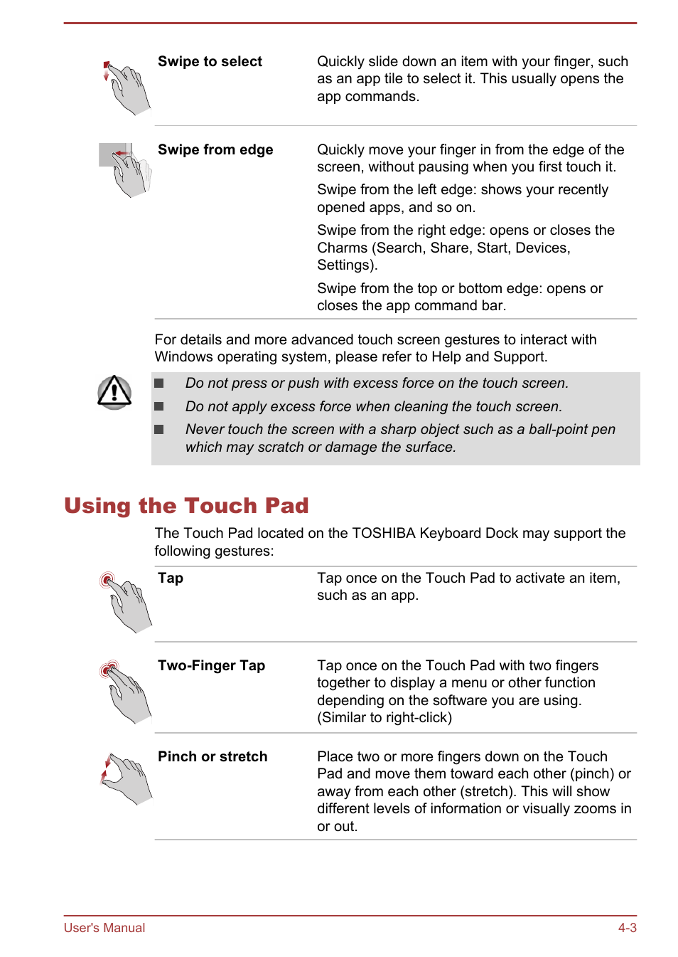 Using the touch pad, Using the touch pad -3 | Toshiba Satellite W30T-A User Manual | Page 47 / 114