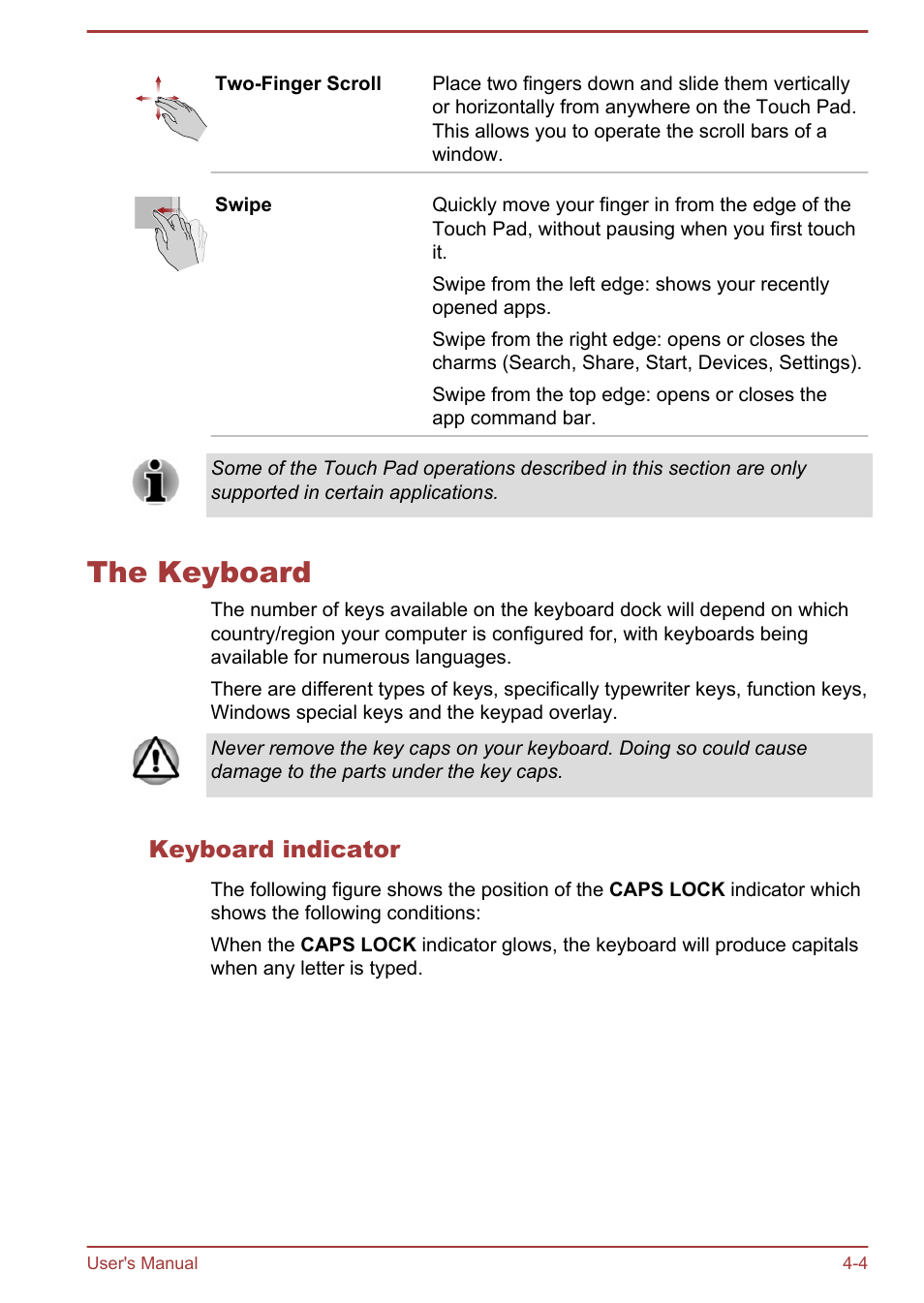 The keyboard, Keyboard indicator, The keyboard -4 | Toshiba Satellite W30T-A User Manual | Page 48 / 114