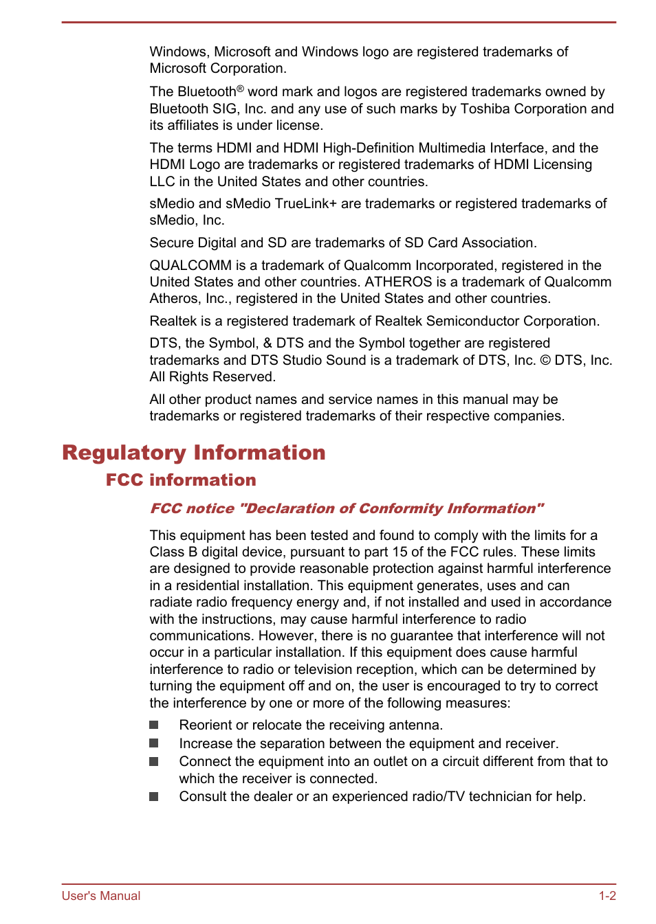 Regulatory information, Fcc information, Regulatory information -2 | Toshiba Satellite W30T-A User Manual | Page 5 / 114