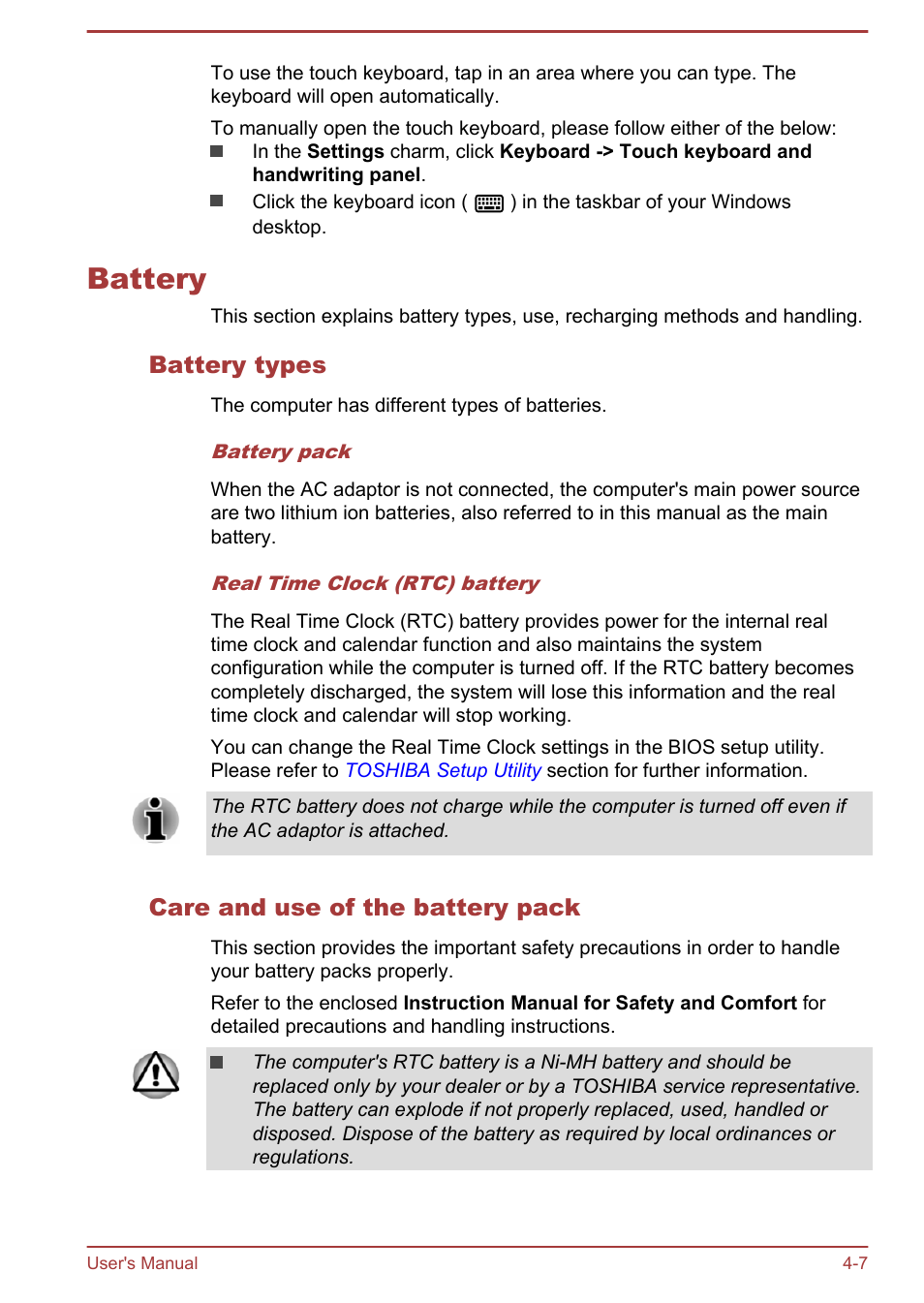 Battery, Battery types, Care and use of the battery pack | Battery -7 | Toshiba Satellite W30T-A User Manual | Page 51 / 114