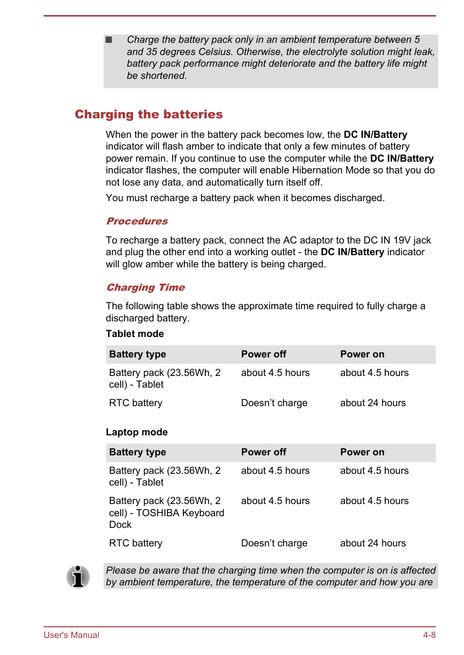 Charging the batteries | Toshiba Satellite W30T-A User Manual | Page 52 / 114