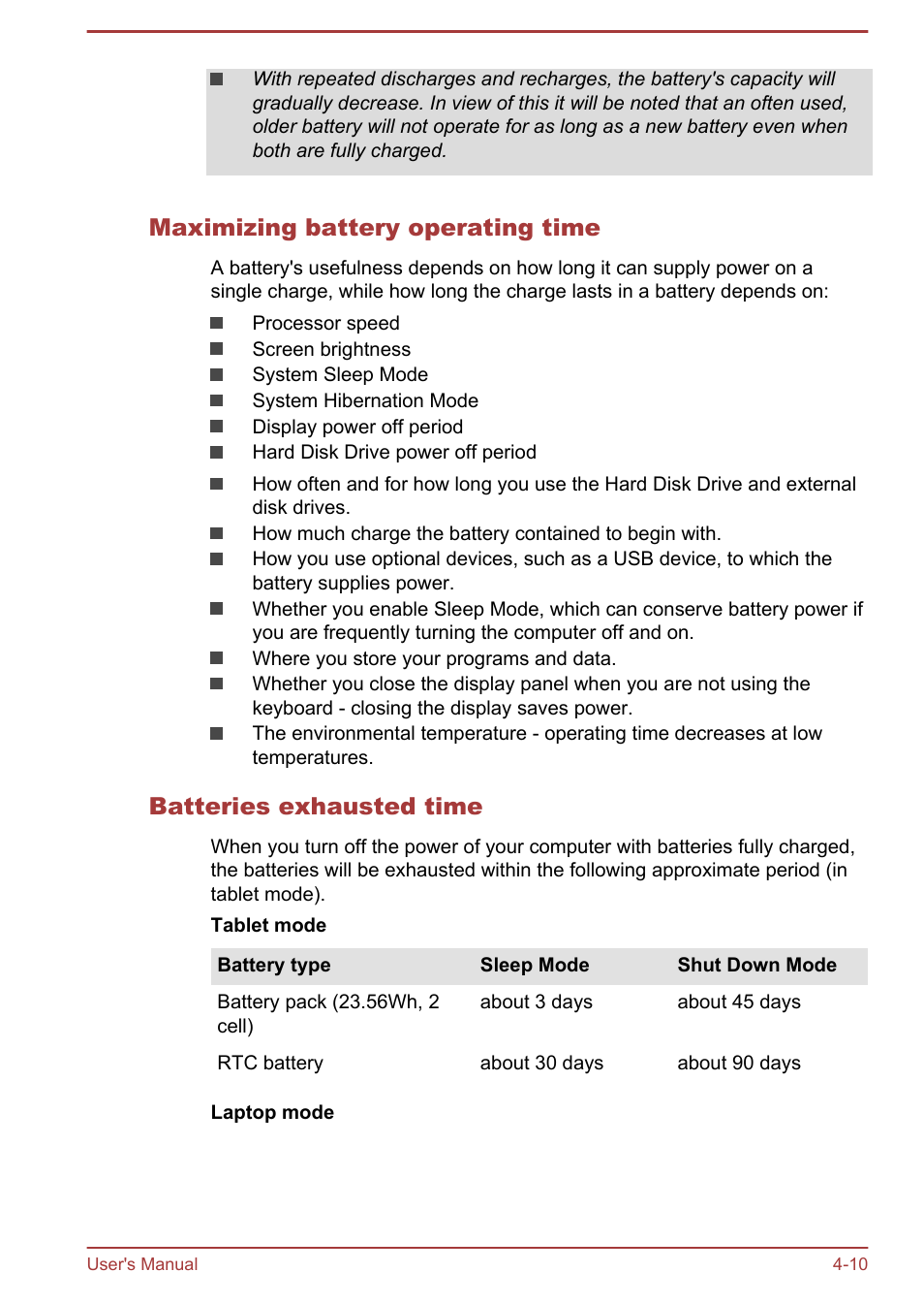 Maximizing battery operating time, Batteries exhausted time | Toshiba Satellite W30T-A User Manual | Page 54 / 114