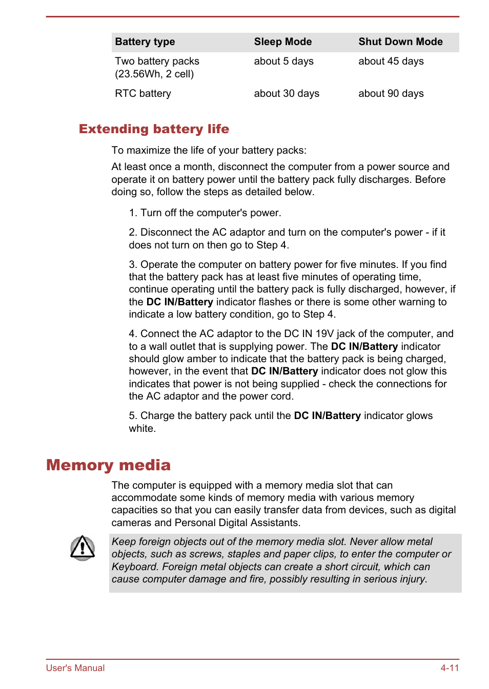 Extending battery life, Memory media, Memory media -11 | Sdhc™ memory card. refer to the, Memory, Media | Toshiba Satellite W30T-A User Manual | Page 55 / 114