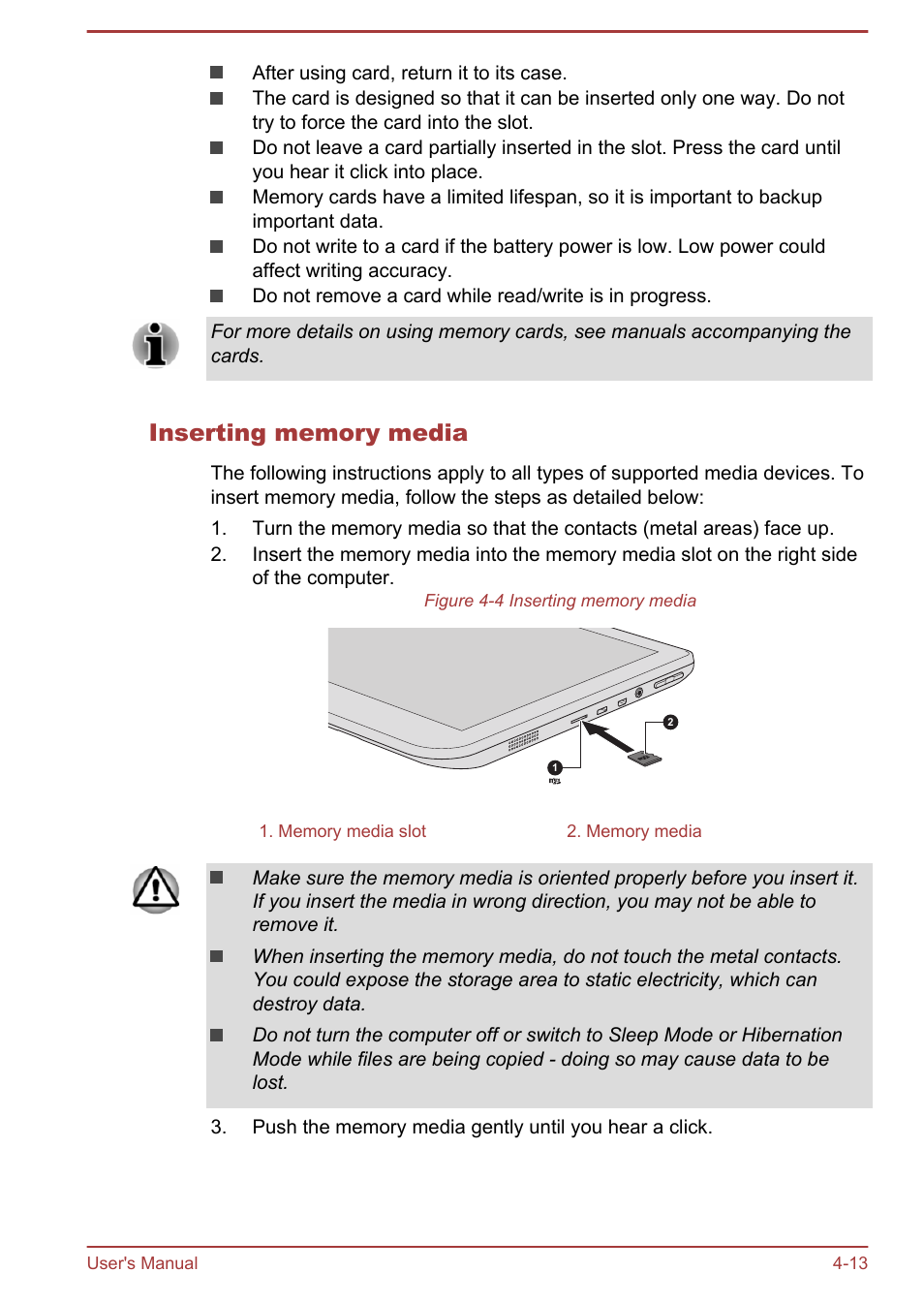 Inserting memory media | Toshiba Satellite W30T-A User Manual | Page 57 / 114