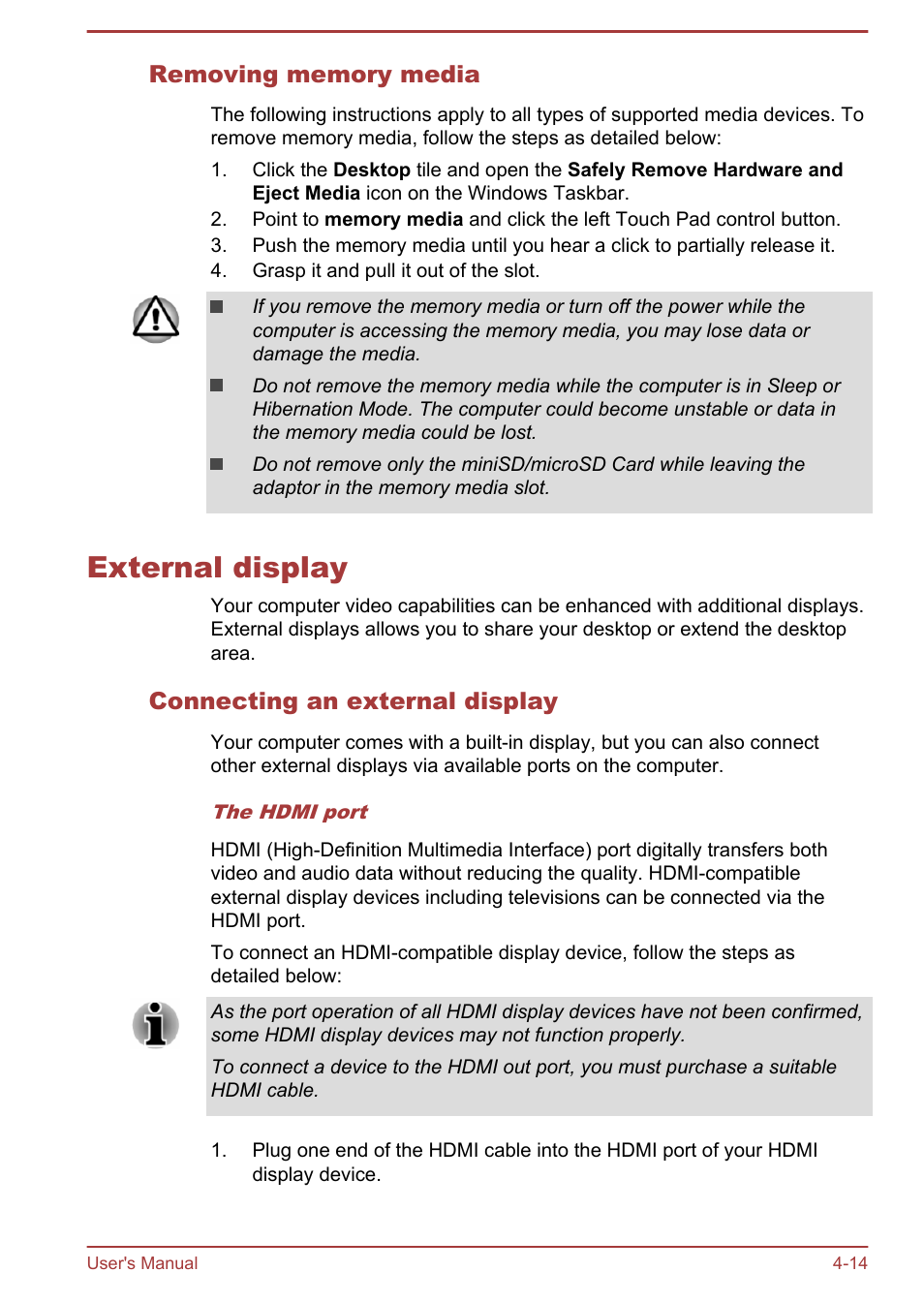 Removing memory media, External display, Connecting an external display | External display -14 | Toshiba Satellite W30T-A User Manual | Page 58 / 114