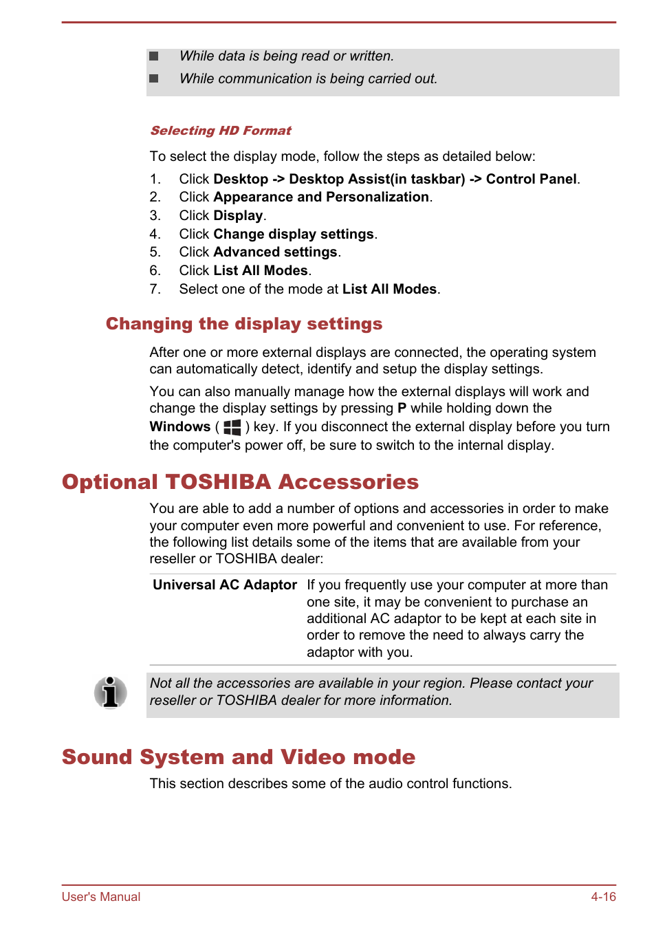 Changing the display settings, Optional toshiba accessories, Sound system and video mode | To the | Toshiba Satellite W30T-A User Manual | Page 60 / 114