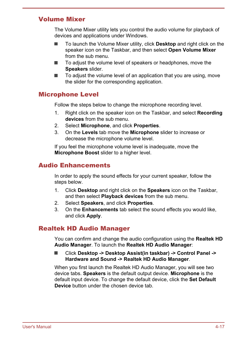 Volume mixer, Microphone level, Audio enhancements | Realtek hd audio manager | Toshiba Satellite W30T-A User Manual | Page 61 / 114