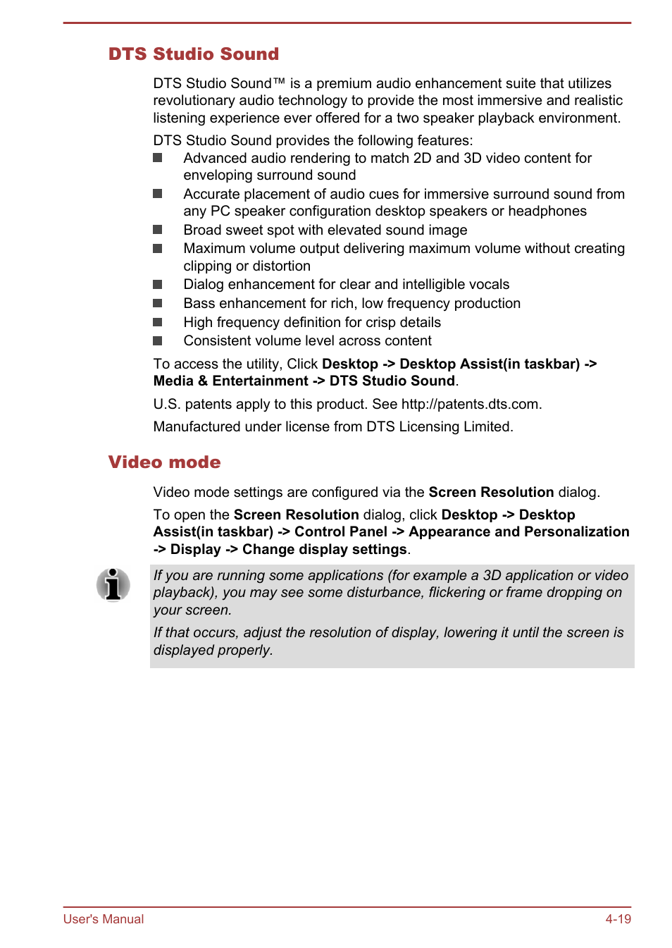 Dts studio sound, Video mode | Toshiba Satellite W30T-A User Manual | Page 63 / 114