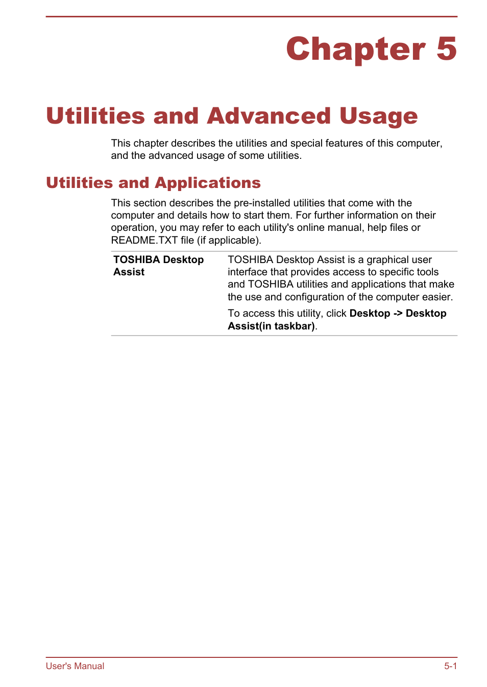 Chapter 5 utilities and advanced usage, Utilities and applications, Chapter 5 | Utilities and advanced usage, Utilities and applications -1 | Toshiba Satellite W30T-A User Manual | Page 64 / 114