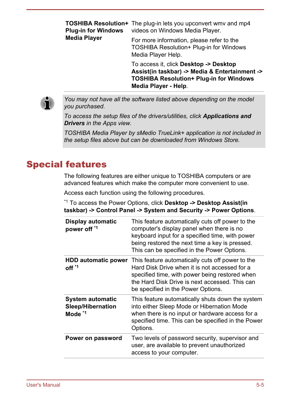 Special features, Special features -5 | Toshiba Satellite W30T-A User Manual | Page 68 / 114