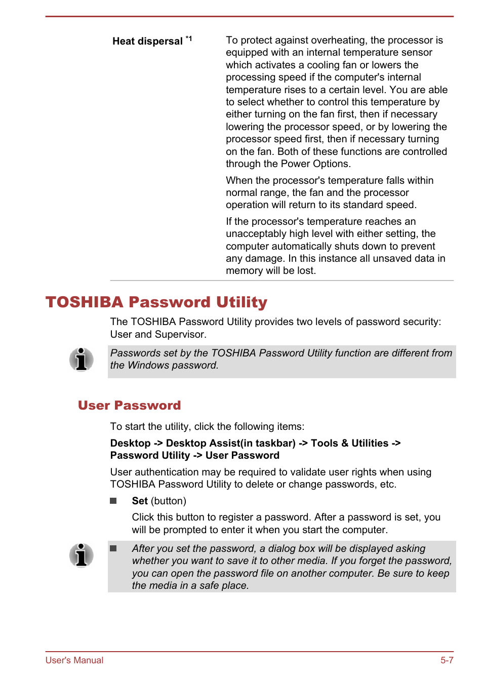 Toshiba password utility, User password, Toshiba password utility -7 | Toshiba Satellite W30T-A User Manual | Page 70 / 114