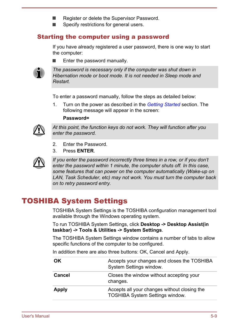 Starting the computer using a password, Toshiba system settings, Toshiba system settings -9 | Toshiba Satellite W30T-A User Manual | Page 72 / 114