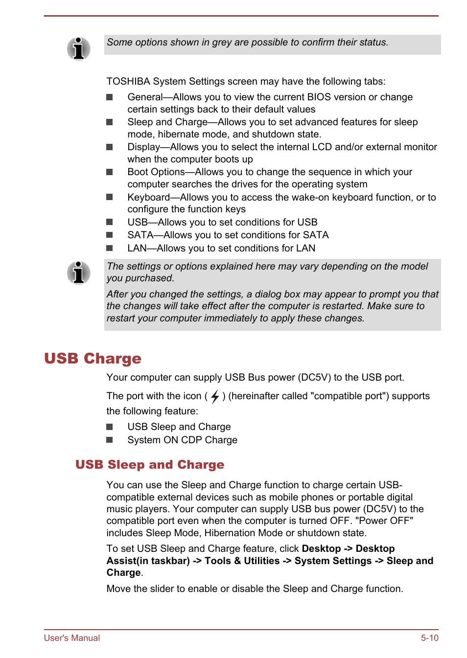 Usb charge, Usb sleep and charge, Usb charge -10 | Sleep and charge | Toshiba Satellite W30T-A User Manual | Page 73 / 114