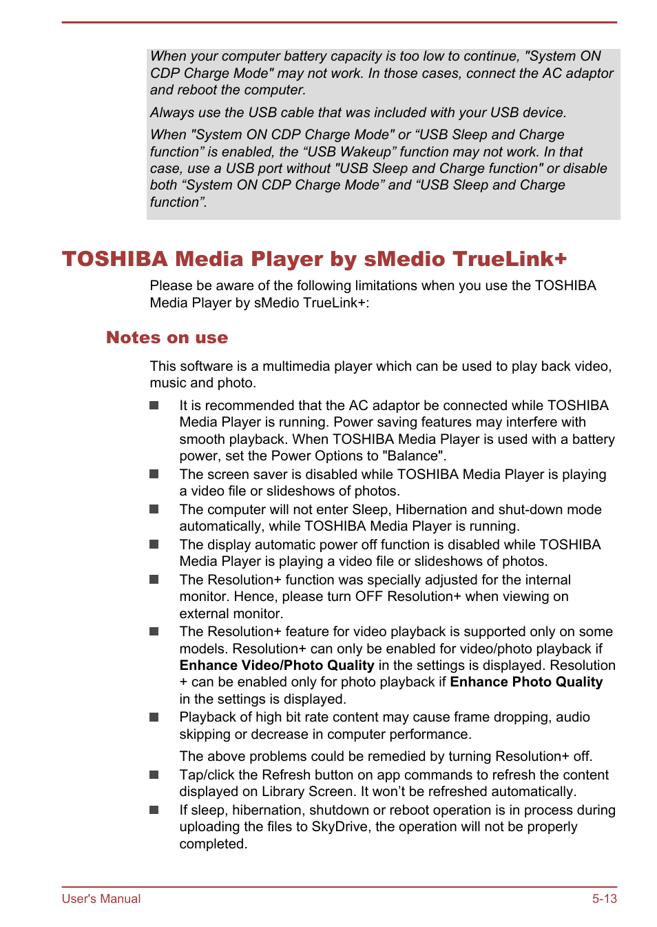 Toshiba media player by smedio truelink, Notes on use, Toshiba media player by smedio truelink+ -13 | Toshiba Satellite W30T-A User Manual | Page 76 / 114