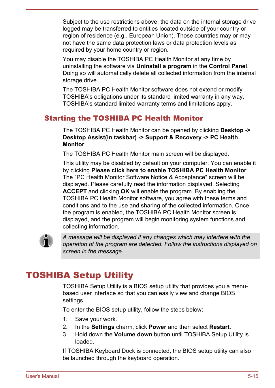 Starting the toshiba pc health monitor, Toshiba setup utility, Toshiba setup utility -15 | Toshiba Satellite W30T-A User Manual | Page 78 / 114