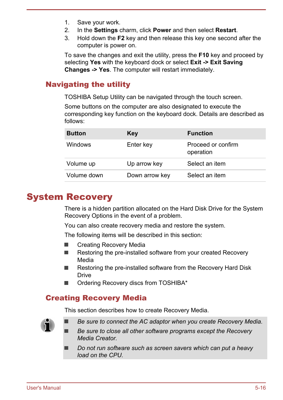 Navigating the utility, System recovery, Creating recovery media | System recovery -16 | Toshiba Satellite W30T-A User Manual | Page 79 / 114