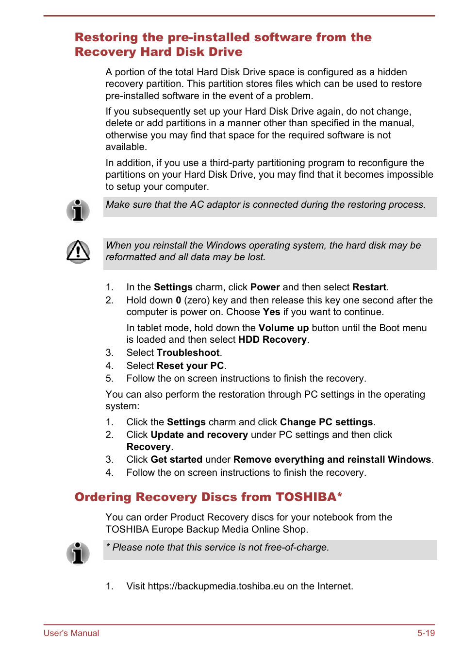 Ordering recovery discs from toshiba | Toshiba Satellite W30T-A User Manual | Page 82 / 114