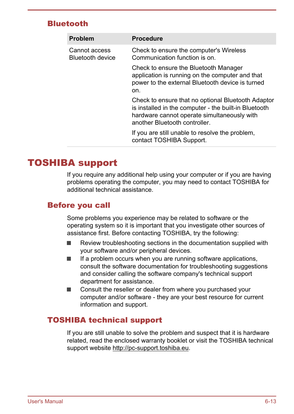 Bluetooth, Toshiba support, Before you call | Toshiba technical support, Toshiba support -13 | Toshiba Satellite W30T-A User Manual | Page 96 / 114