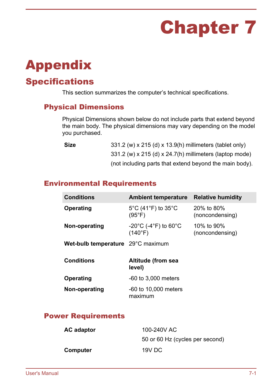 Chapter 7 appendix, Specifications, Physical dimensions | Environmental requirements, Power requirements, Chapter 7, Appendix, Specifications -1 | Toshiba Satellite W30T-A User Manual | Page 97 / 114