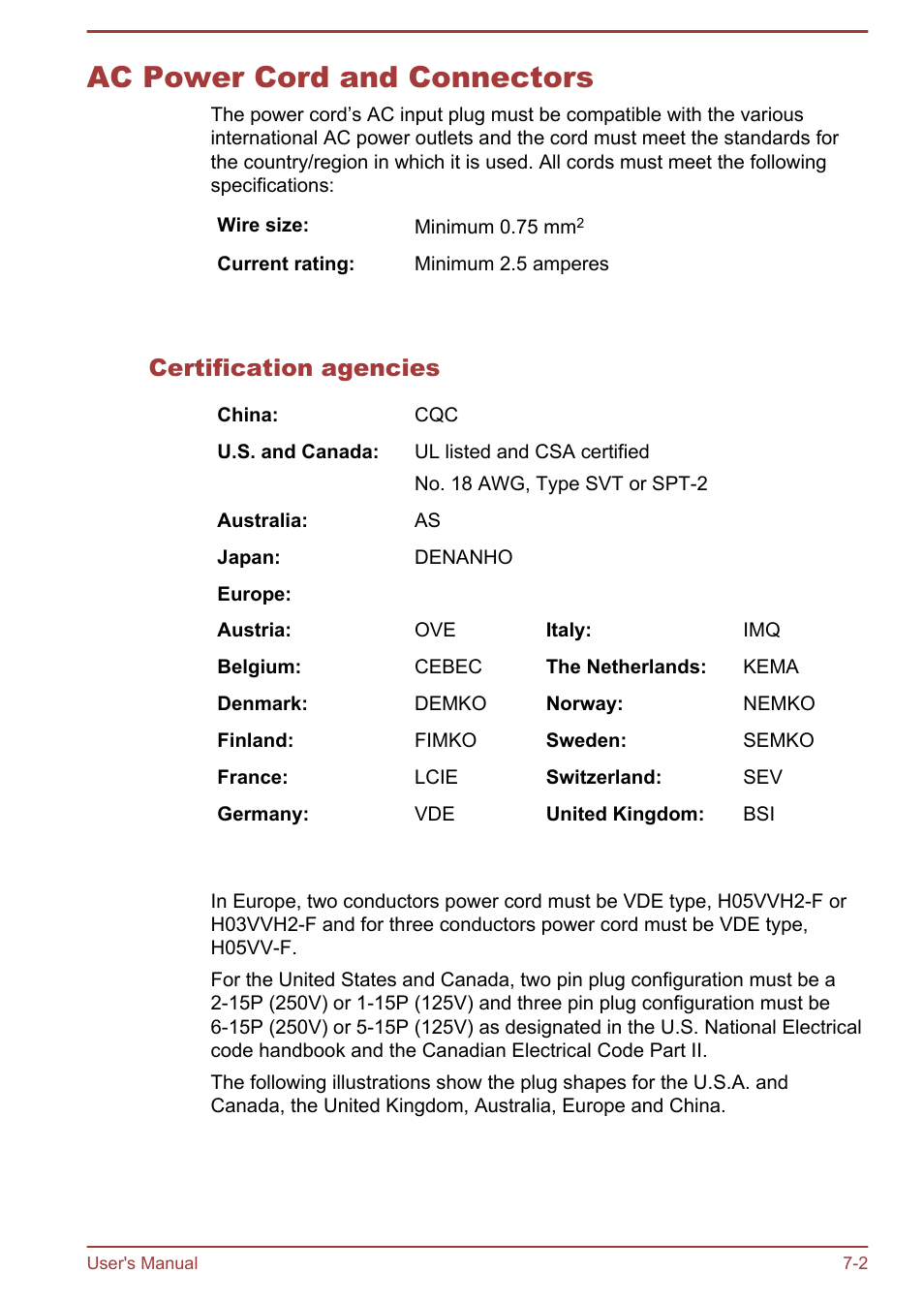 Ac power cord and connectors, Certification agencies, Ac power cord and connectors -2 | Toshiba Satellite W30T-A User Manual | Page 98 / 114