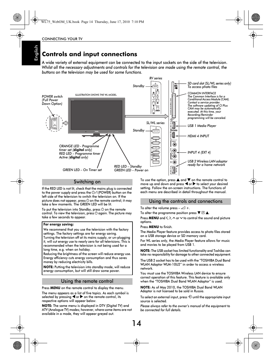 Controls and input connections, Switching on | Toshiba RV753 User Manual | Page 14 / 78