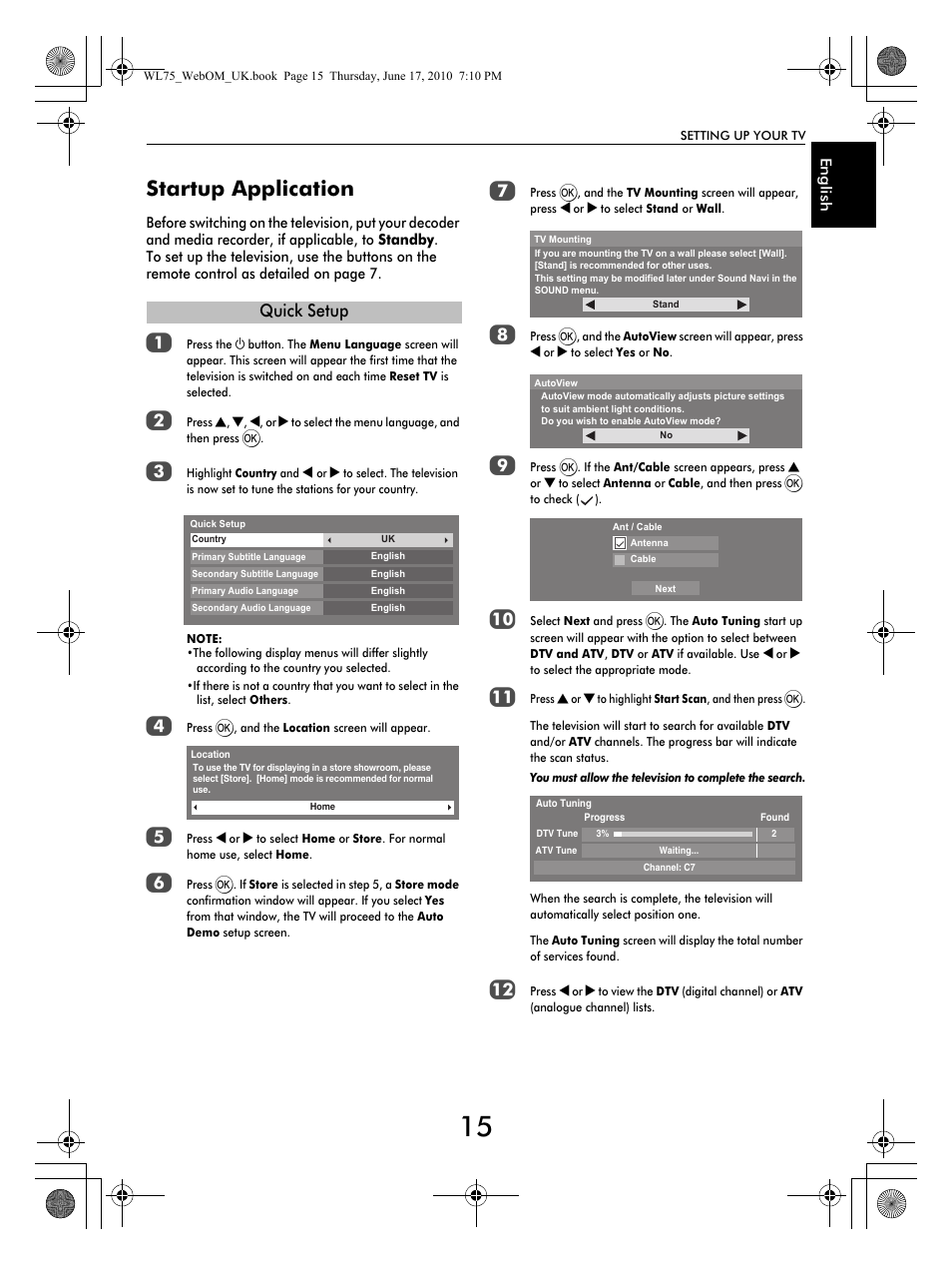 Startup application, Quick setup | Toshiba RV753 User Manual | Page 15 / 78