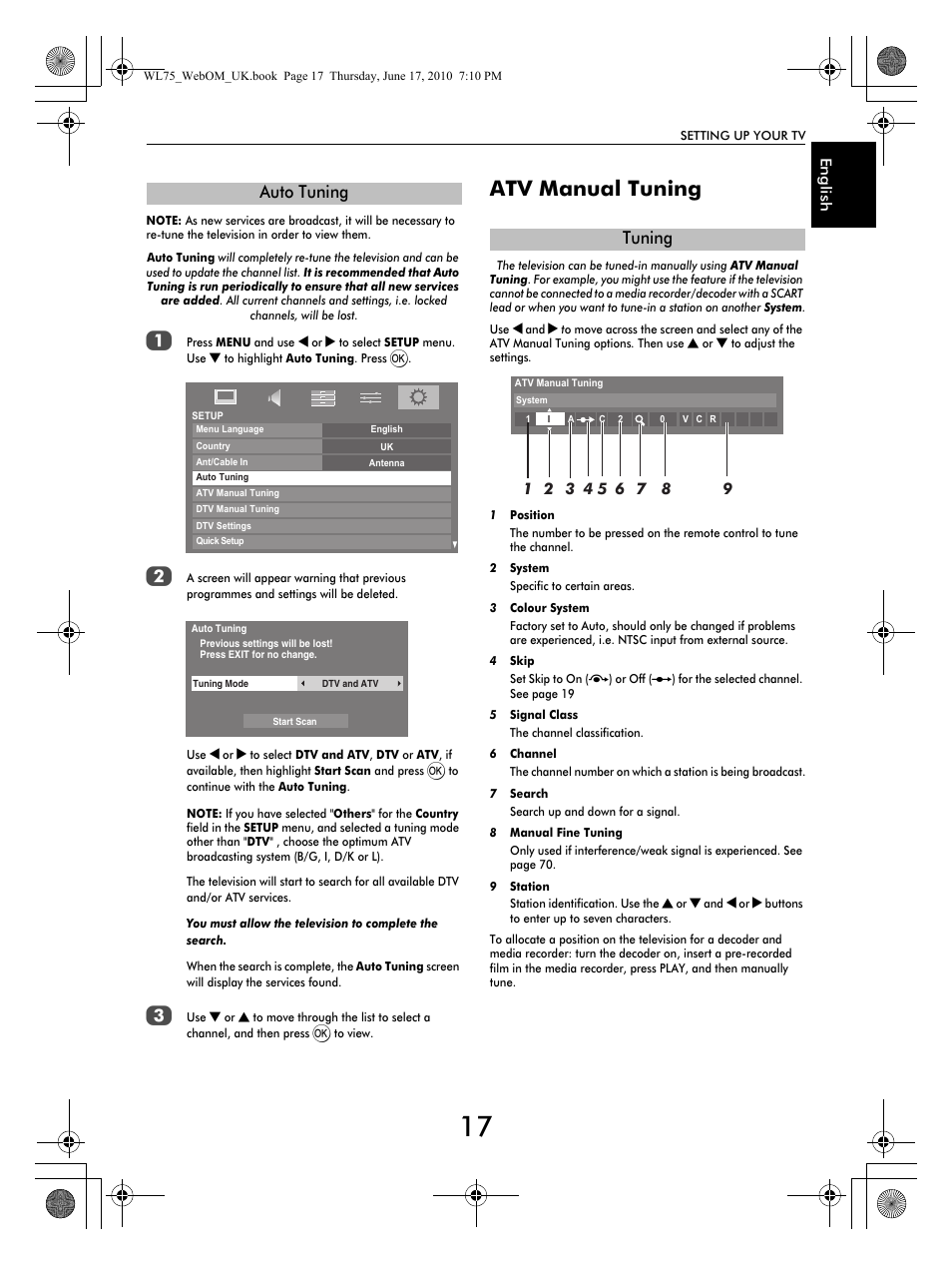 Atv manual tuning, Auto tuning, Tuning | Toshiba RV753 User Manual | Page 17 / 78