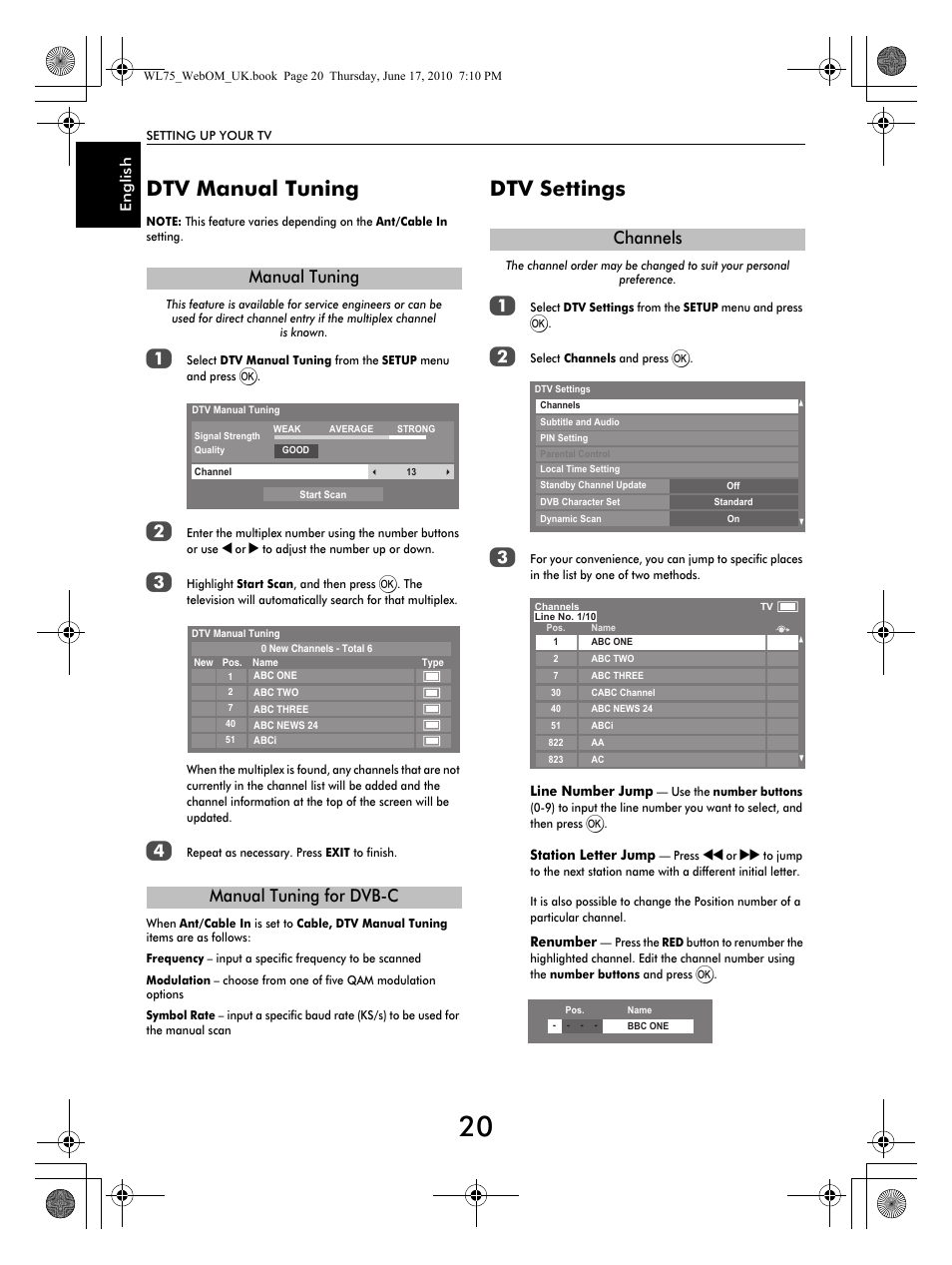 Dtv manual tuning, Dtv settings, Manual tuning manual tuning for dvb-c | Channels | Toshiba RV753 User Manual | Page 20 / 78