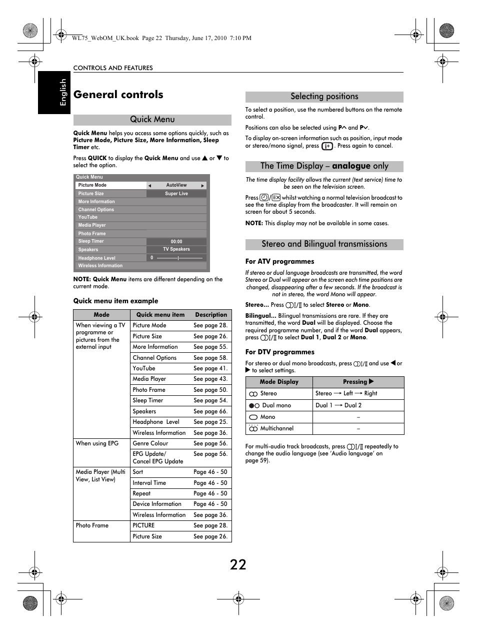General controls, Quick menu | Toshiba RV753 User Manual | Page 22 / 78