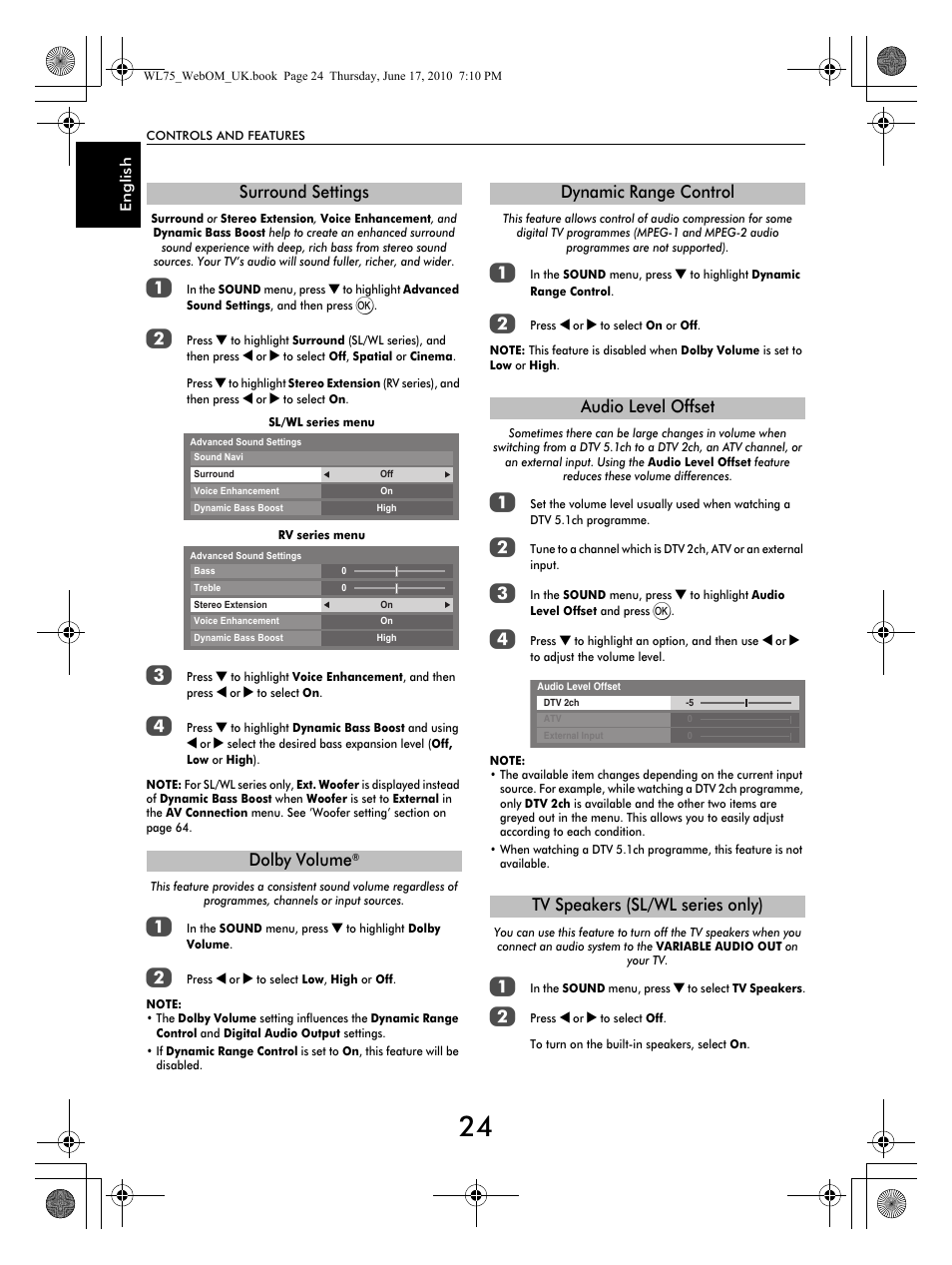 Surround settings dolby volume | Toshiba RV753 User Manual | Page 24 / 78