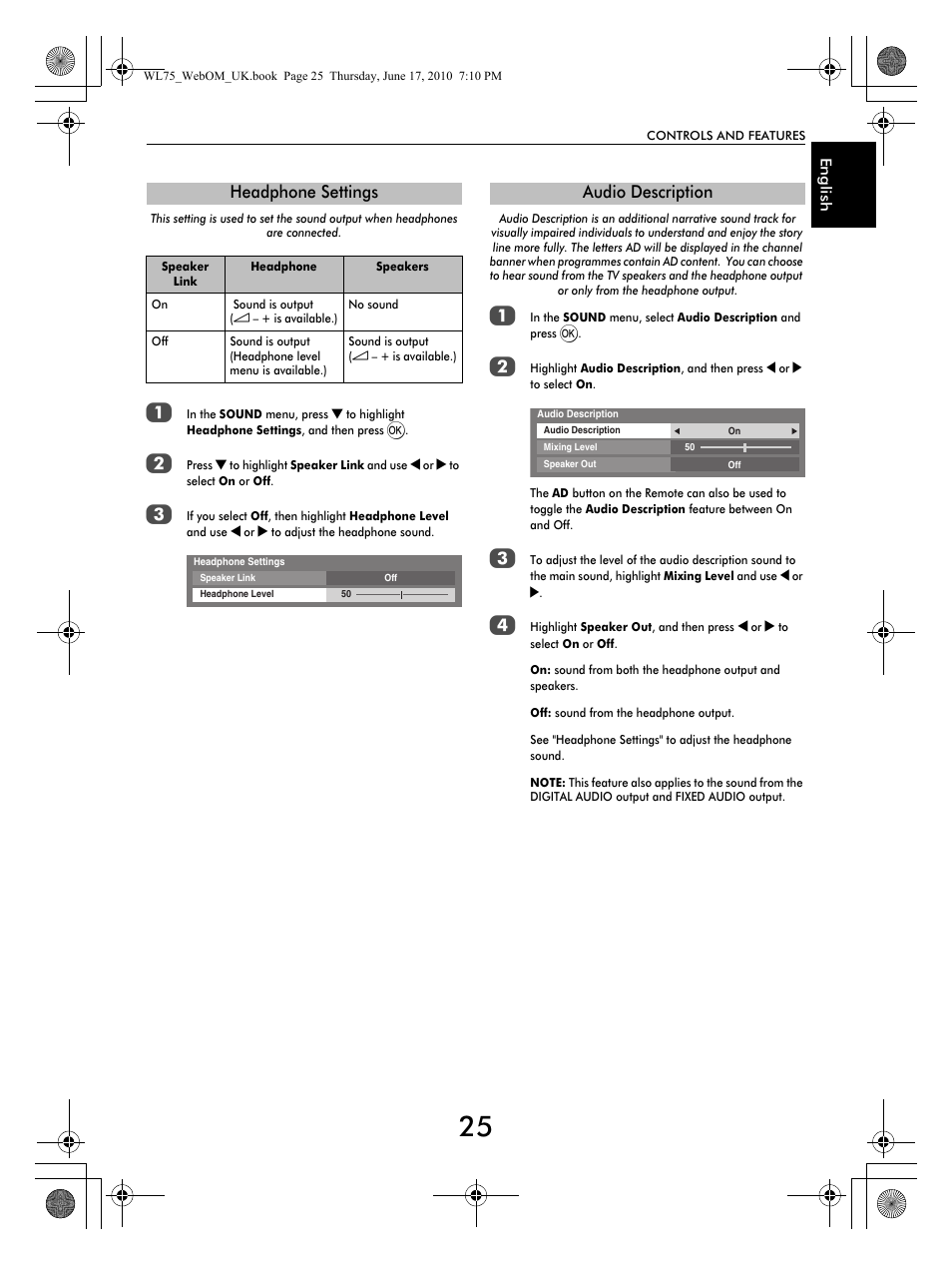 Headphone settings, Audio description | Toshiba RV753 User Manual | Page 25 / 78