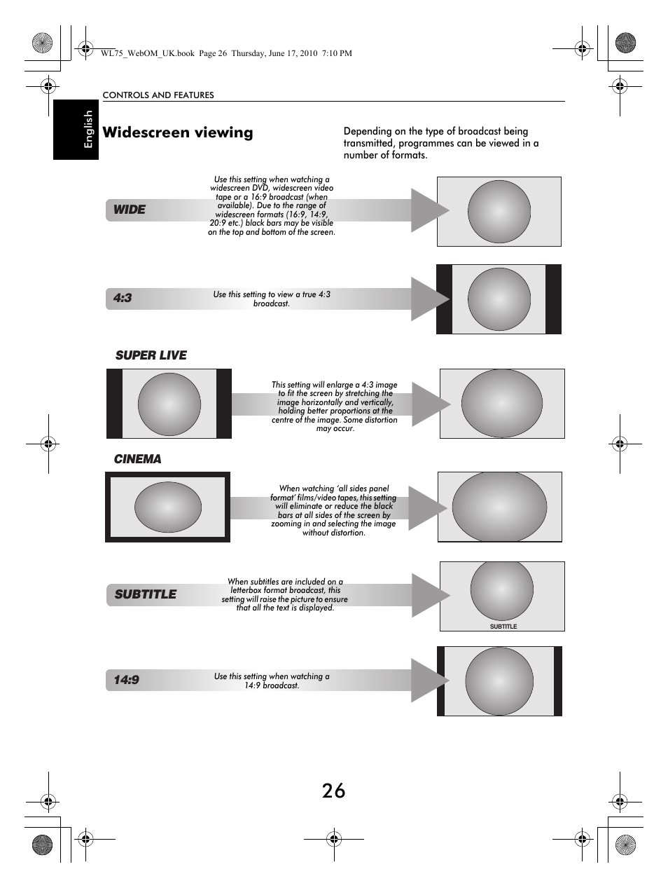 Widescreen viewing, Subtitle, Super live | Cinema, Wide | Toshiba RV753 User Manual | Page 26 / 78