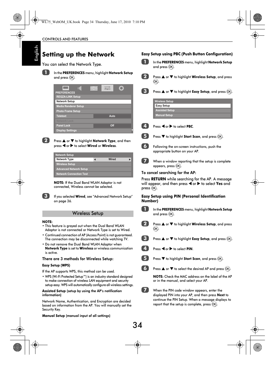 Setting up the network, Wireless setup | Toshiba RV753 User Manual | Page 34 / 78