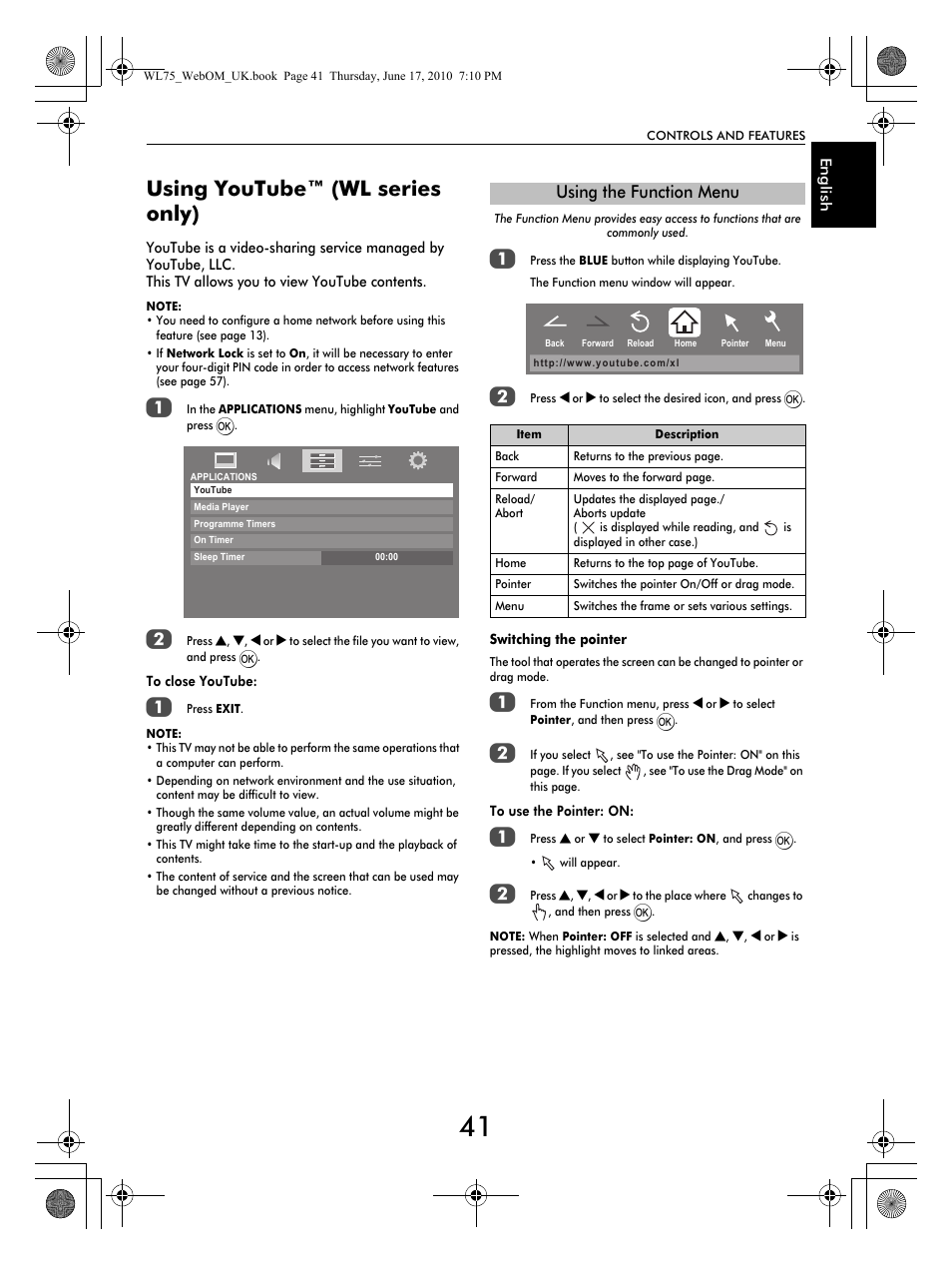 Using youtube™ (wl series only), Using the function menu | Toshiba RV753 User Manual | Page 41 / 78