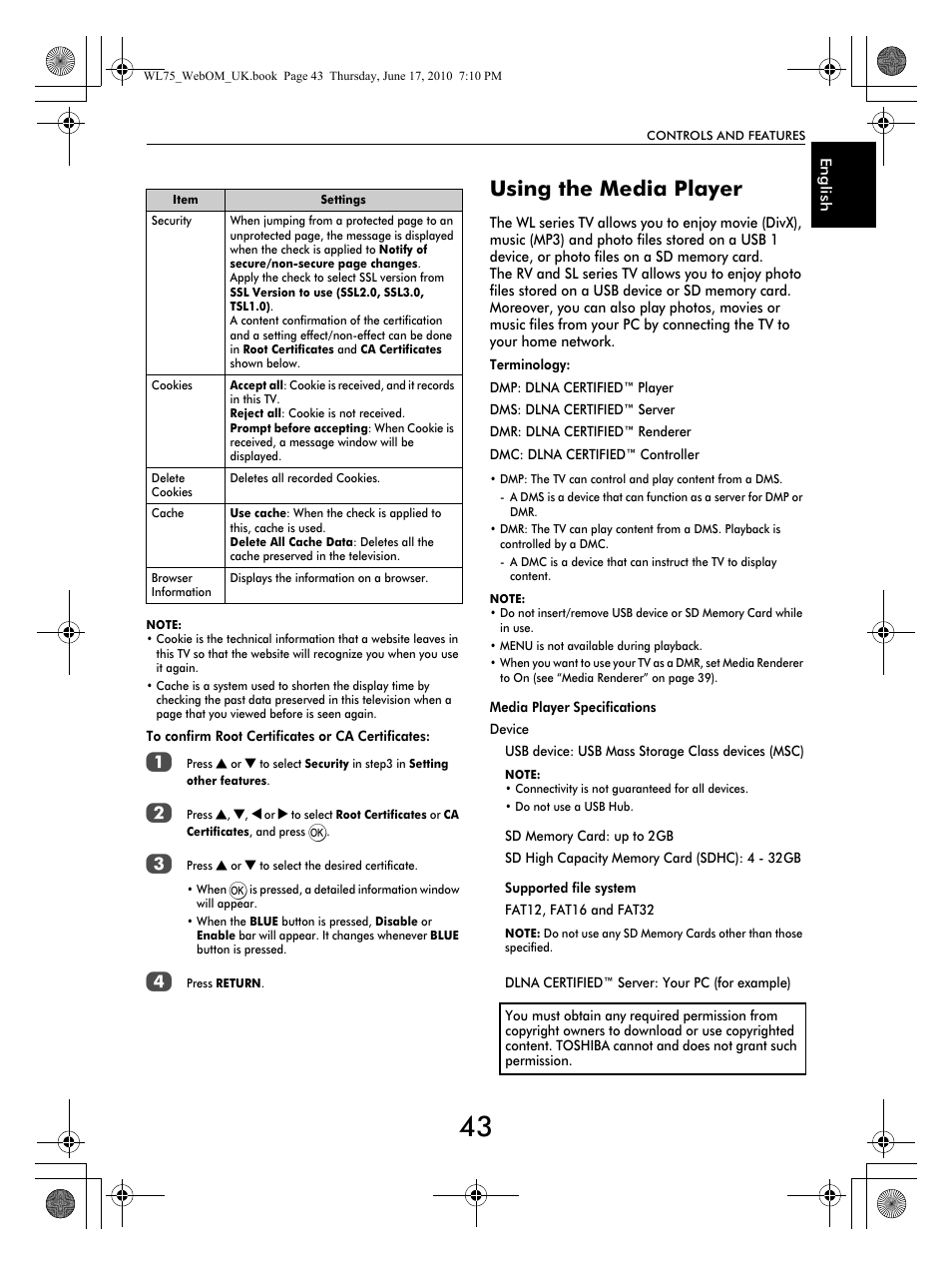 Using the media player | Toshiba RV753 User Manual | Page 43 / 78