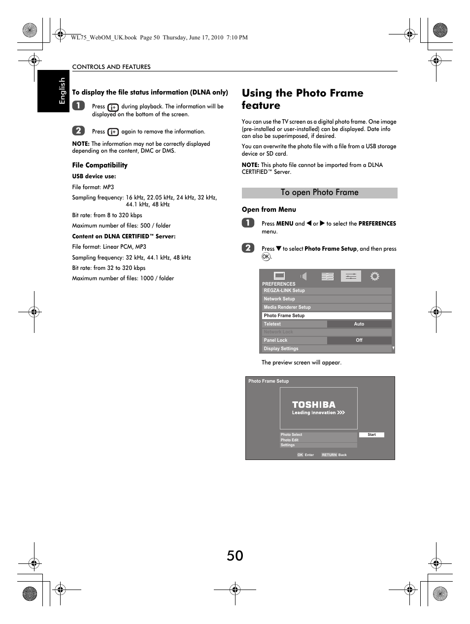 Using the photo frame feature | Toshiba RV753 User Manual | Page 50 / 78