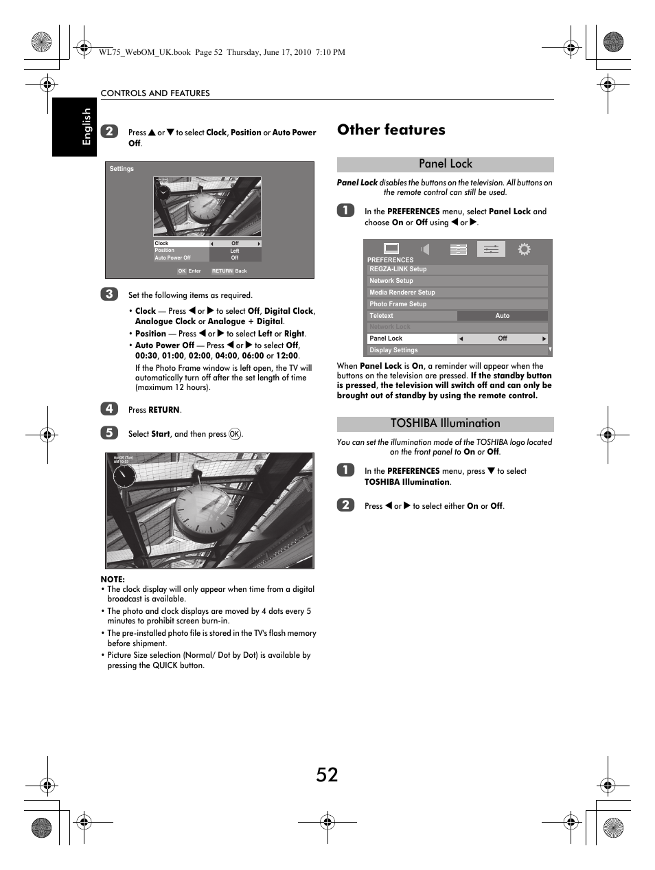 Other features, Panel lock toshiba illumination | Toshiba RV753 User Manual | Page 52 / 78